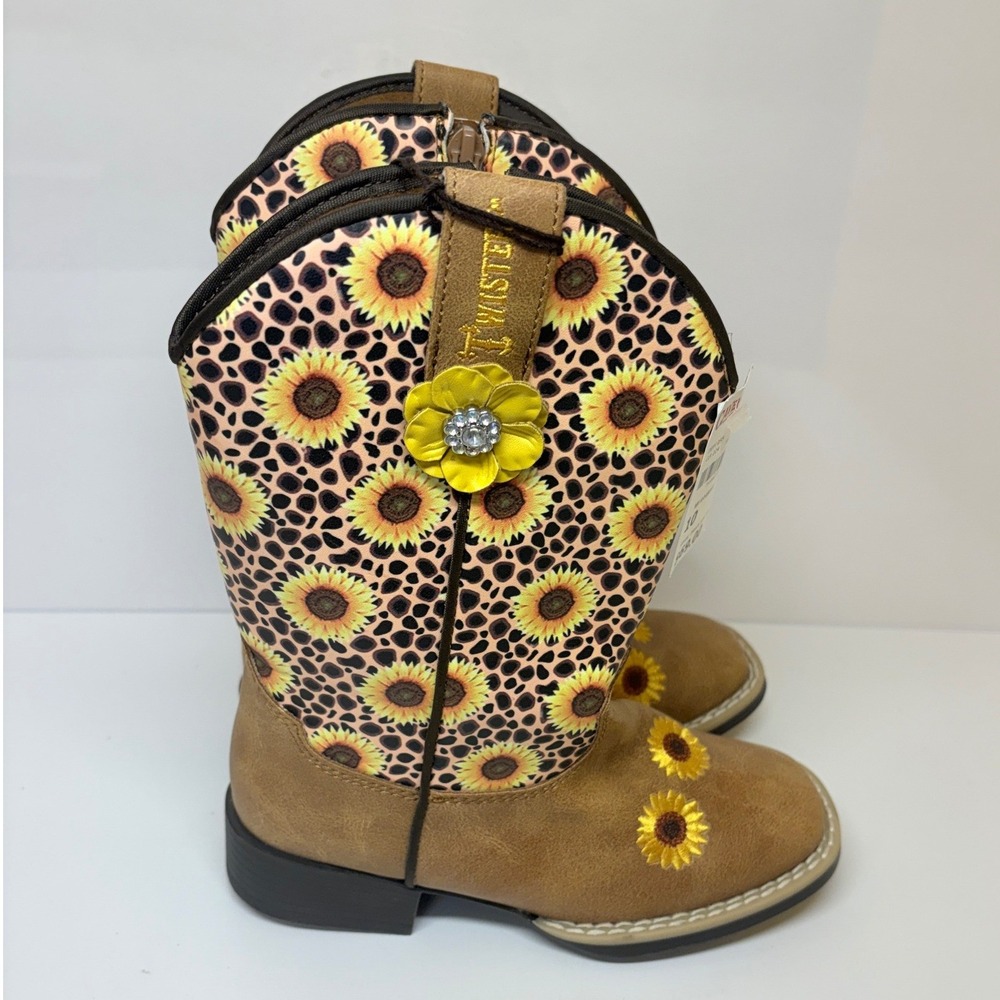 Twister Girls 10 Sunnie Tan Sunflower Leopard Square Toe Cowboy Boots 10